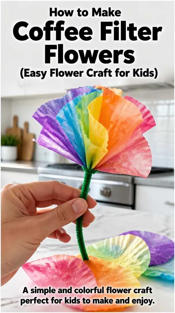 Colorful coffee filter flowers made in a kids' craft activity.