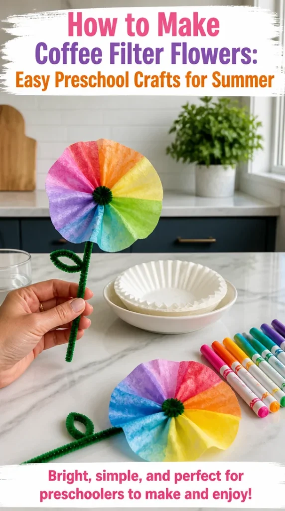 Colorful coffee filter flowers crafted by preschoolers for summer activities.