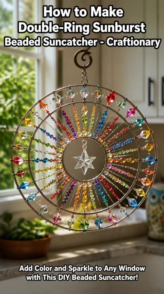 Beaded double-ring sunburst suncatcher tutorial on Craftionary.