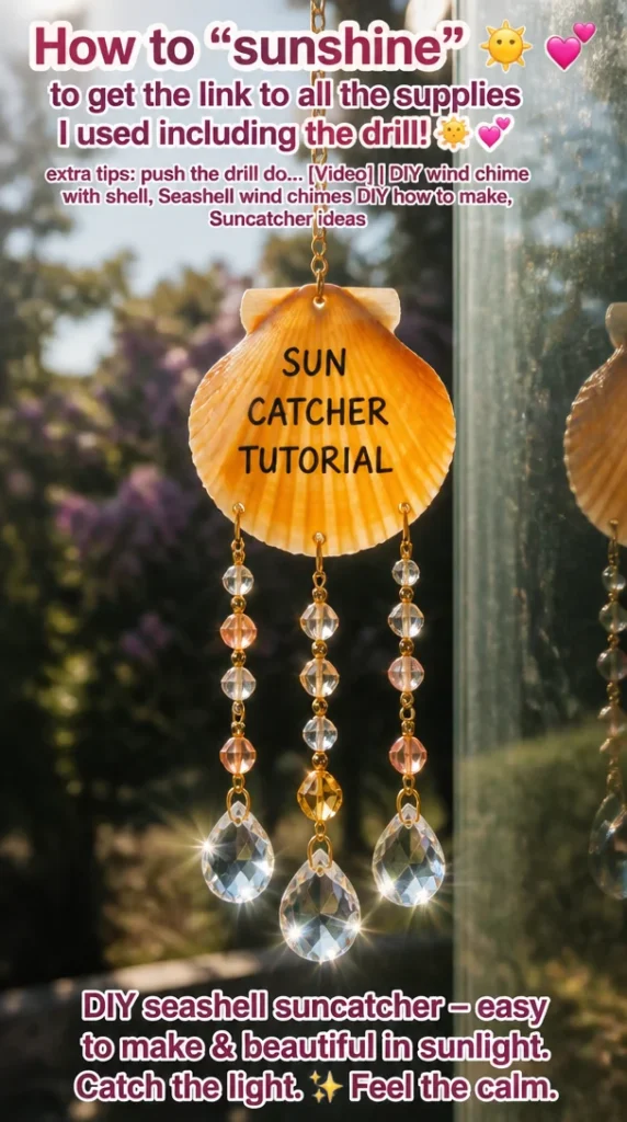 DIY wind chime made of seashells with sunlight shining through