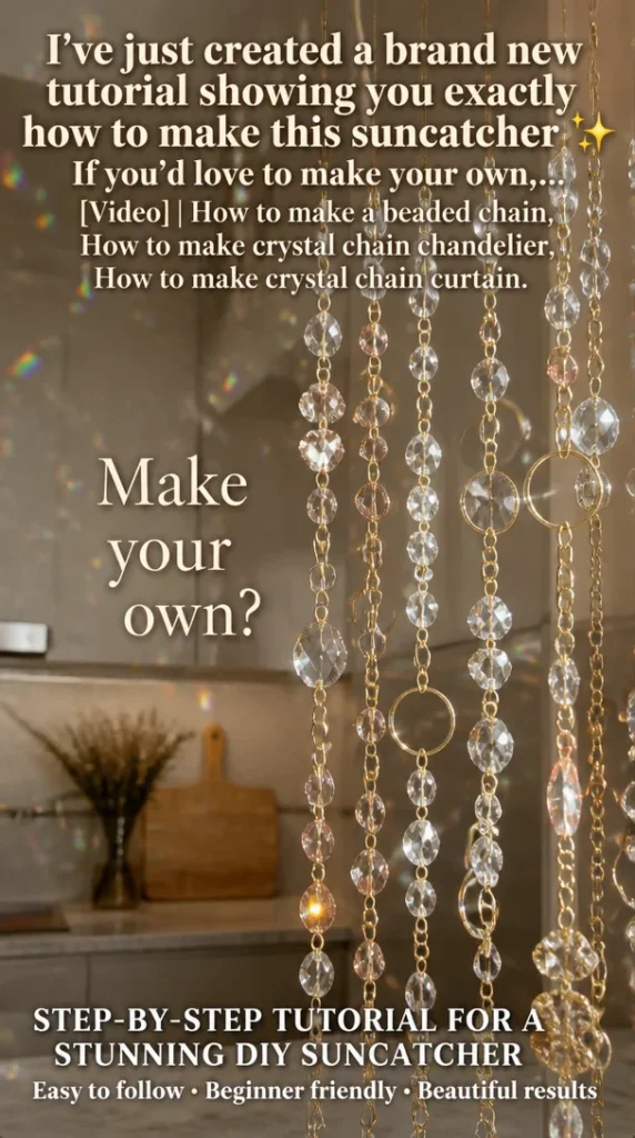 Suncatcher tutorial showing how to create a beautiful beaded and crystal chain design.