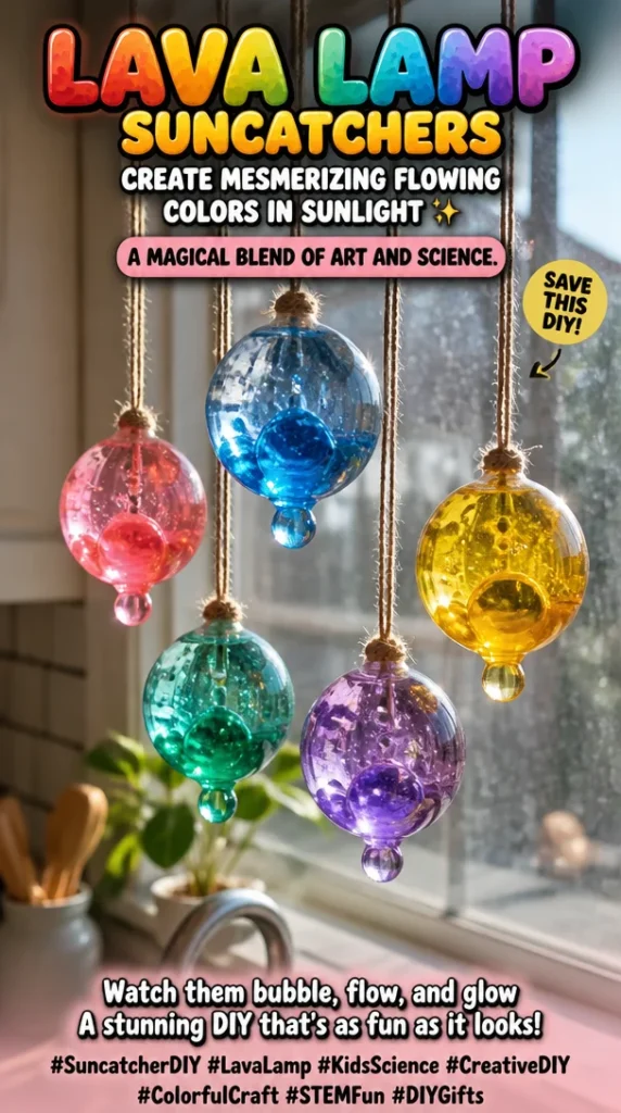 DIY lava lamp style suncatchers with flowing colors in sunlight
