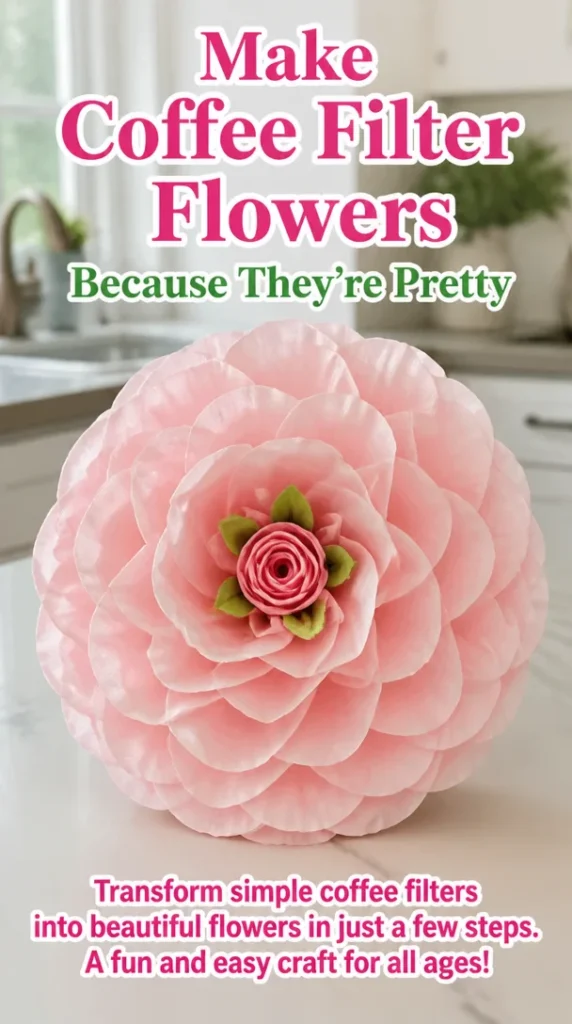 Colorful coffee filter flowers on a wooden table, showcasing a creative craft idea