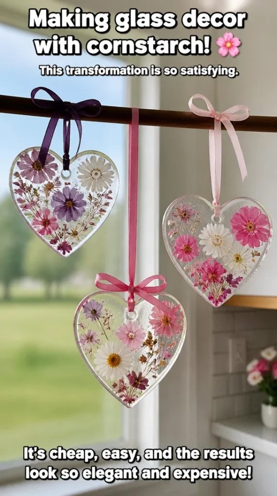 DIY glass decor made with cornstarch, showcasing the transformation process.
