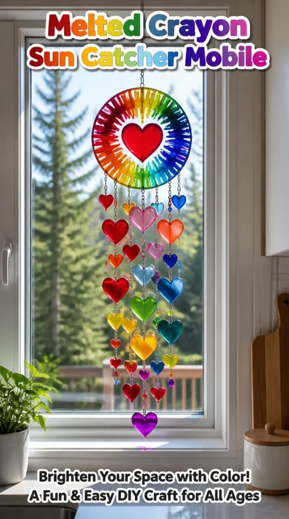 Colorful melted crayon sun catcher mobile hanging in sunlight.
