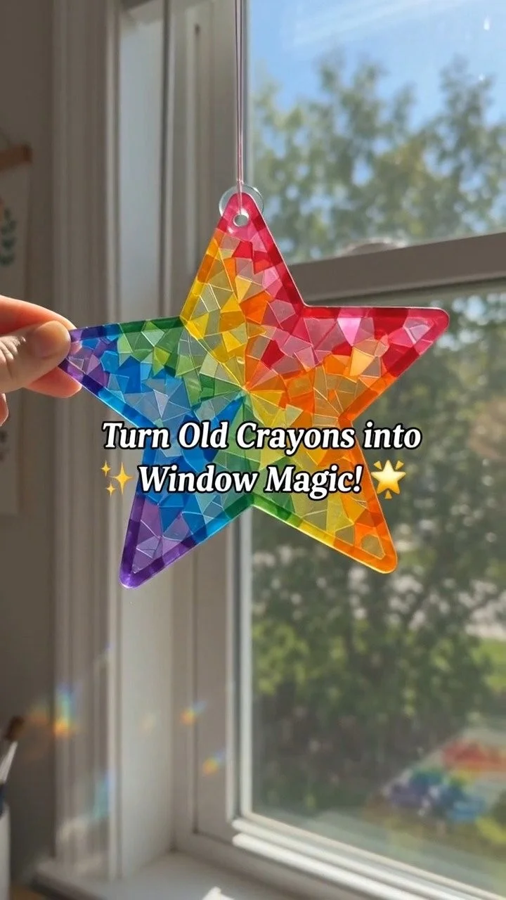 Melted rainbow suncatchers glow beautifully with vibrant colors shining through sunlight ✨ A magical decorative DIY. Save this project!
