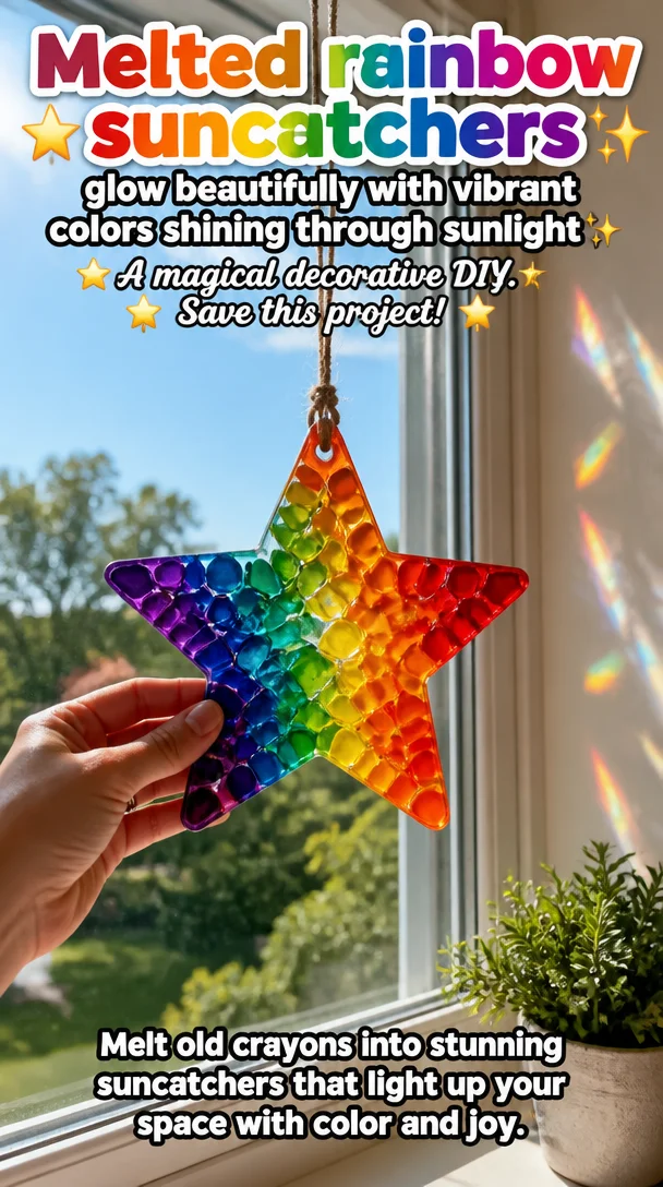 Melted rainbow suncatchers glow beautifully with vibrant colors shining through sunlight ✨ A magical decorative DIY. Save this project!