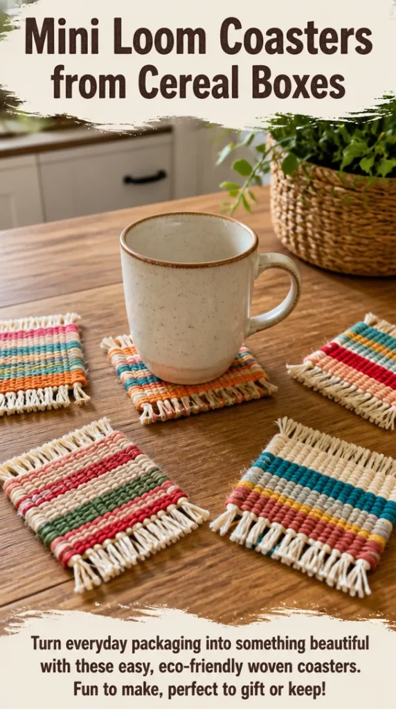 DIY mini loom coasters made from recycled cereal boxes