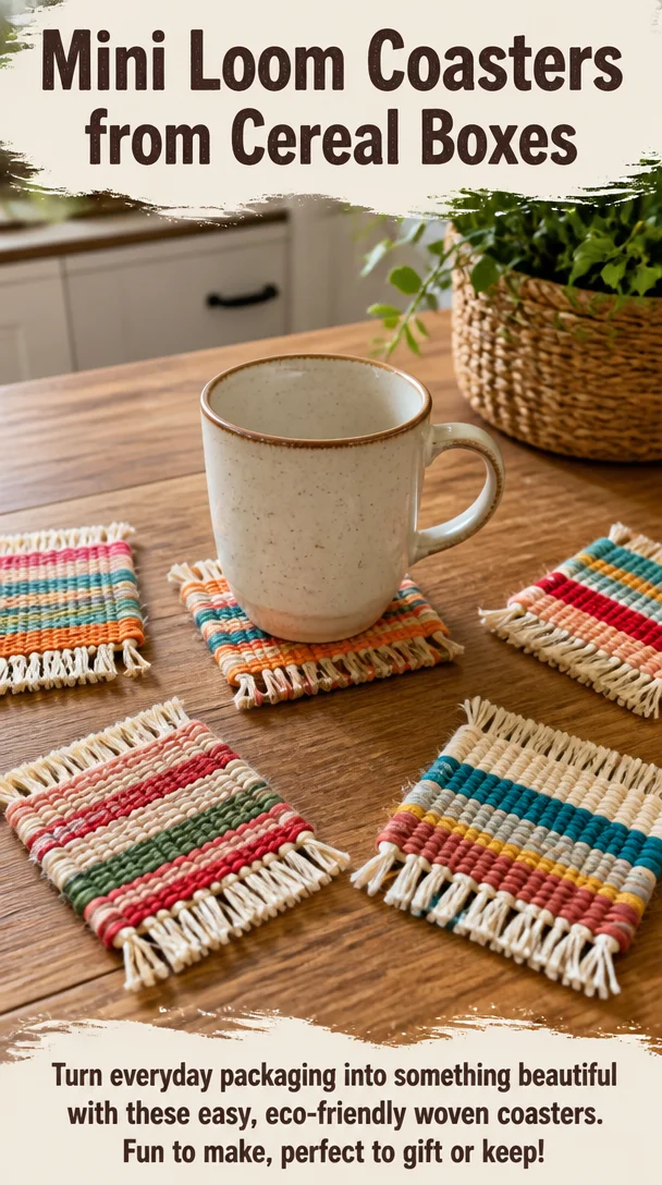 DIY mini loom coasters made from recycled cereal boxes