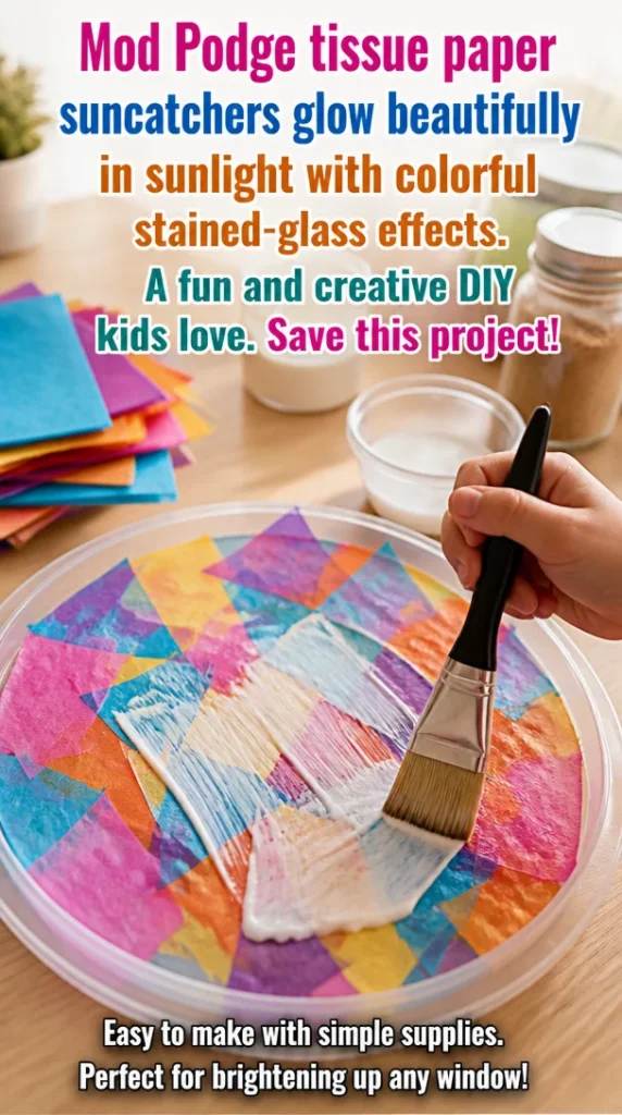 Colorful Mod Podge tissue paper suncatchers glowing with stained-glass effects.