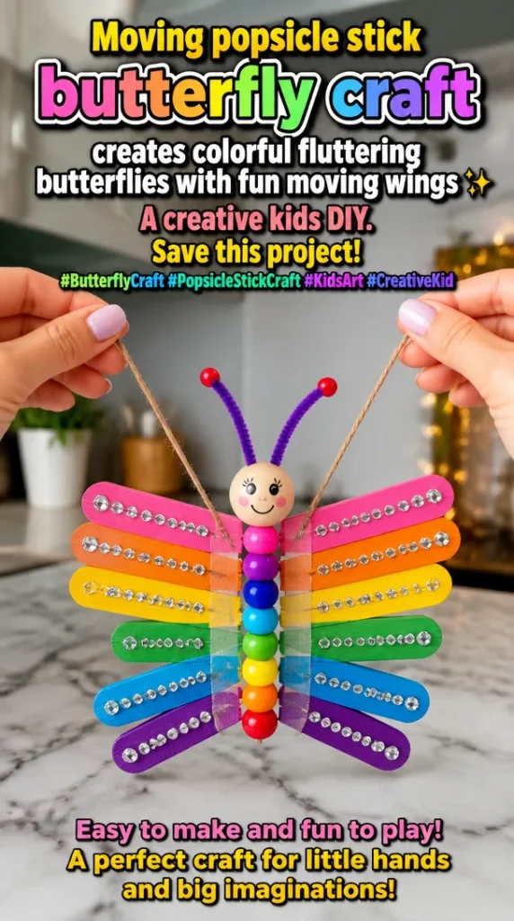 Colorful moving popsicle stick butterfly craft for kids with fluttering wings