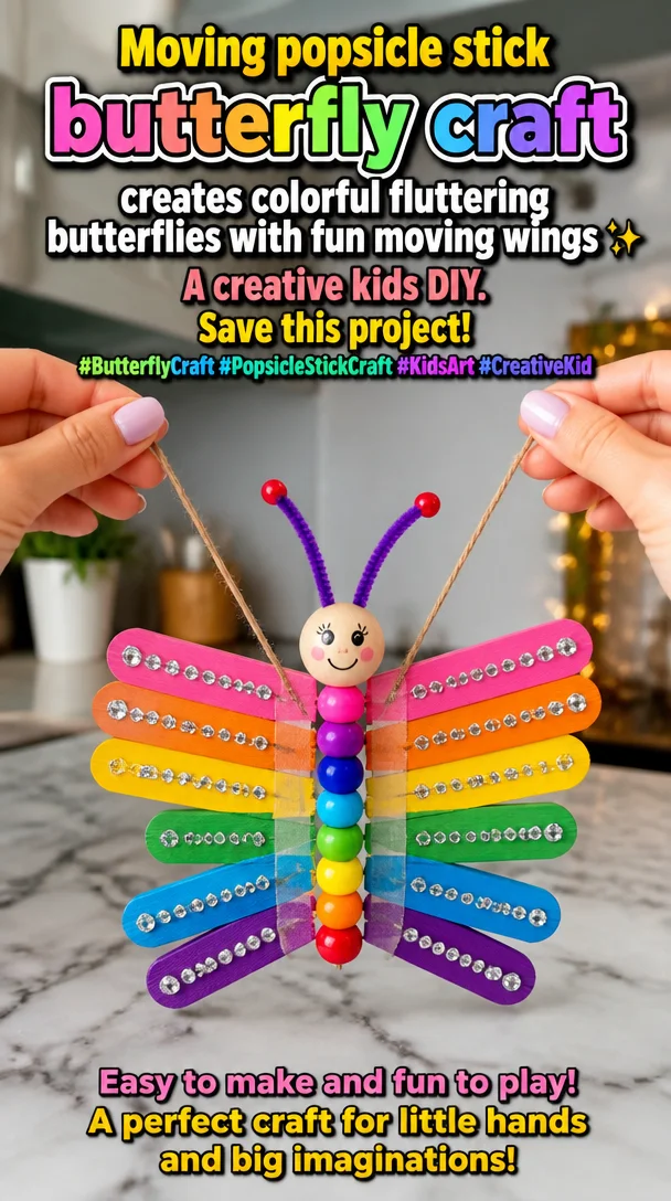 Colorful moving popsicle stick butterfly craft for kids with fluttering wings