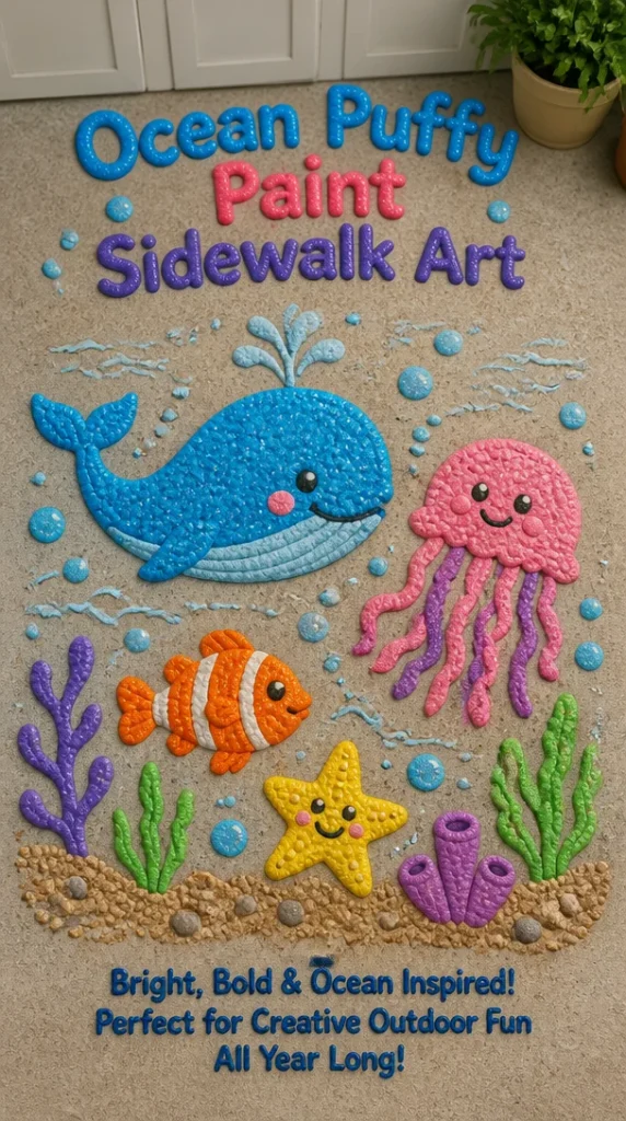 Colorful ocean puffy paint sidewalk art in bright blue and green hues.