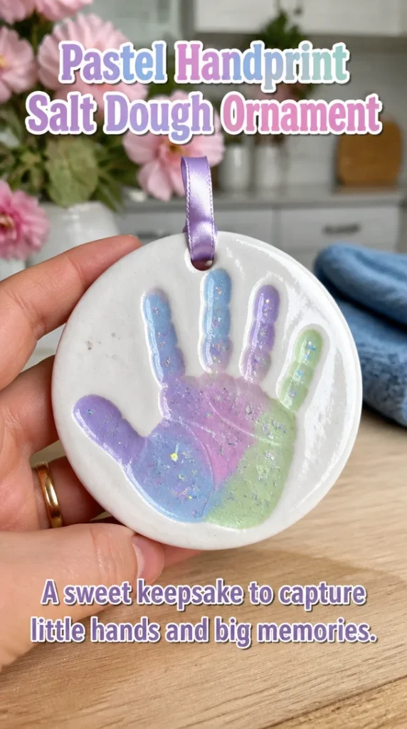 Pastel handprint salt dough ornament crafted for memorable holiday decorations.