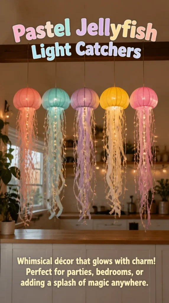 Pastel jellyfish light catchers, colorful home decor that captures sunlight beautifully.