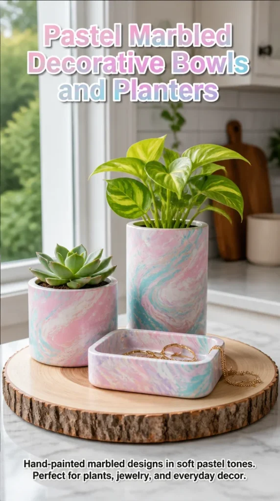Pastel marbled decorative bowls and planters for stylish home decor