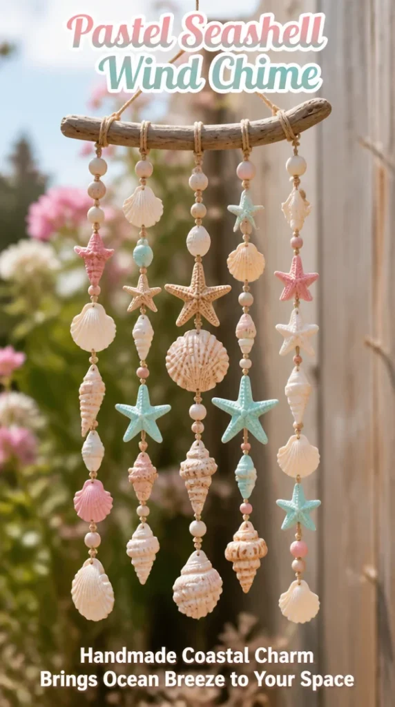 Pastel seashell wind chime, a decorative piece for coastal homes.