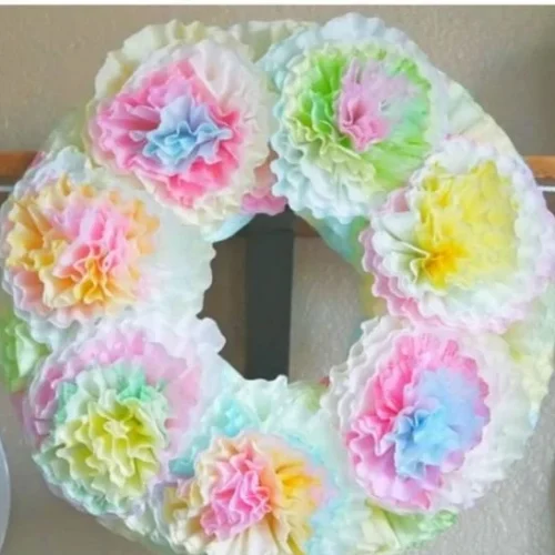 Pastel spring coffee filter wreath with flowers and decorations