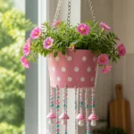 Pink Mushroom Beaded Hanging Planter