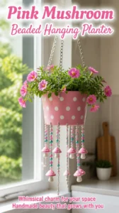 Pink Mushroom Beaded Hanging Planter