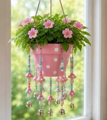 Pink Mushroom Beaded Hanging Planter