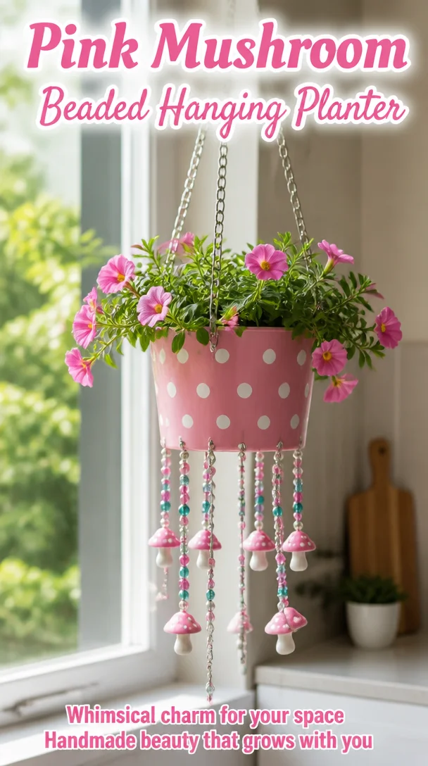 Pink Mushroom Beaded Hanging Planter