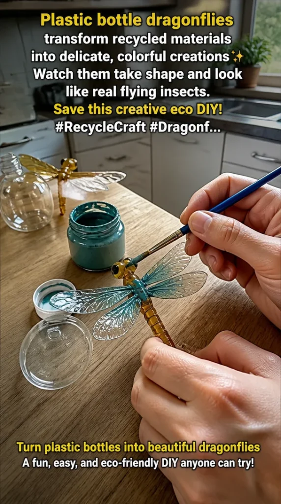 Colorful plastic bottle dragonflies made from recycled materials