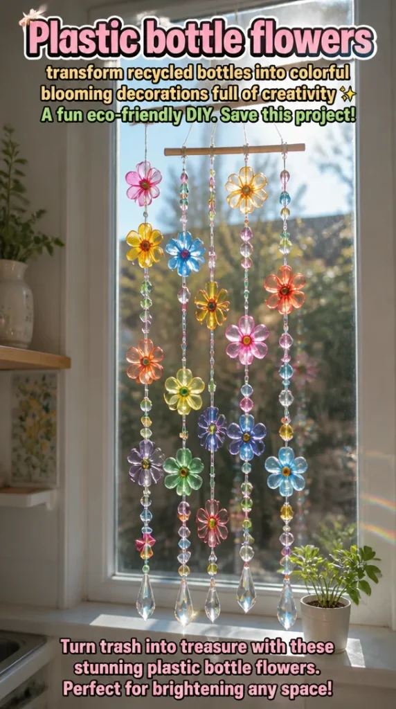 Colorful plastic bottle flowers made from recycled materials in a decorative display.
