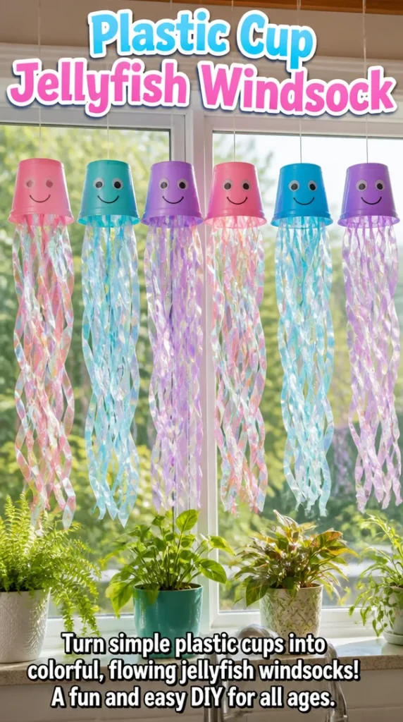 Colorful Plastic Cup Jellyfish Windsock hanging outdoors