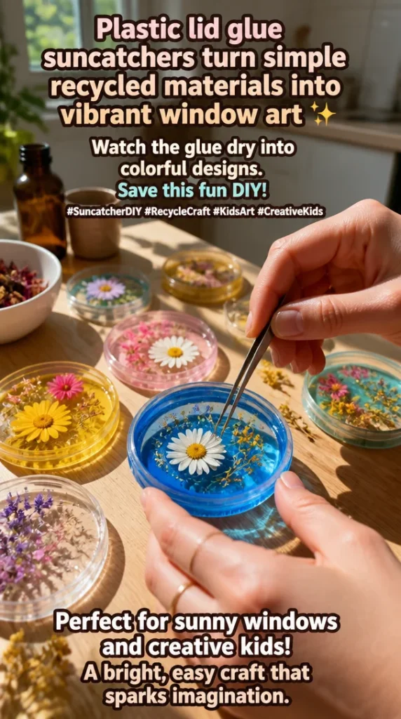 Colorful DIY suncatchers made from recycled plastic lids drying in sunlight
