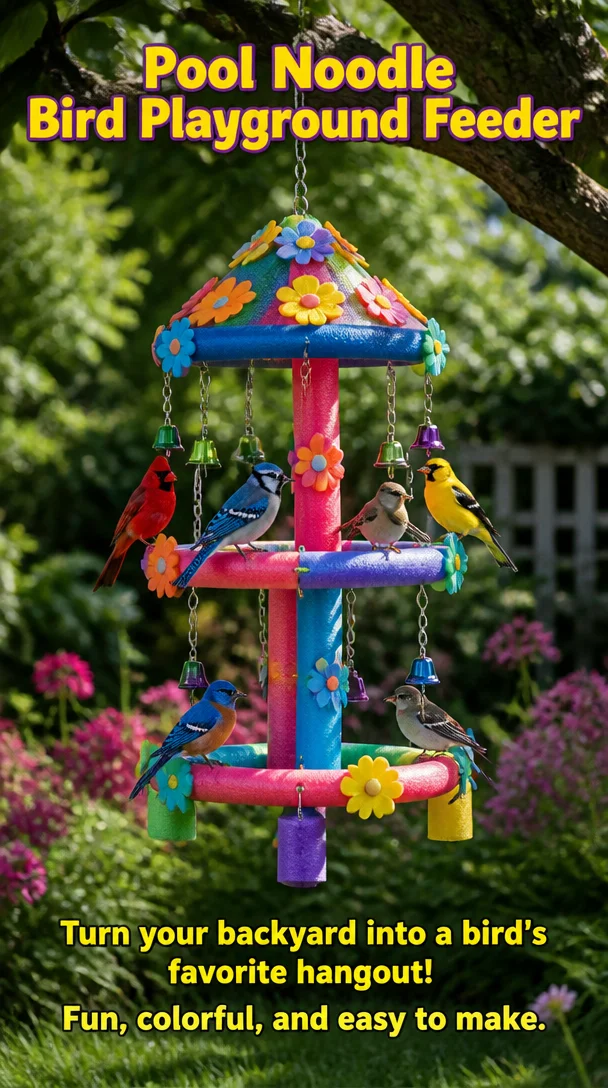 Pool noodle bird feeder for backyard birdwatching and recreation