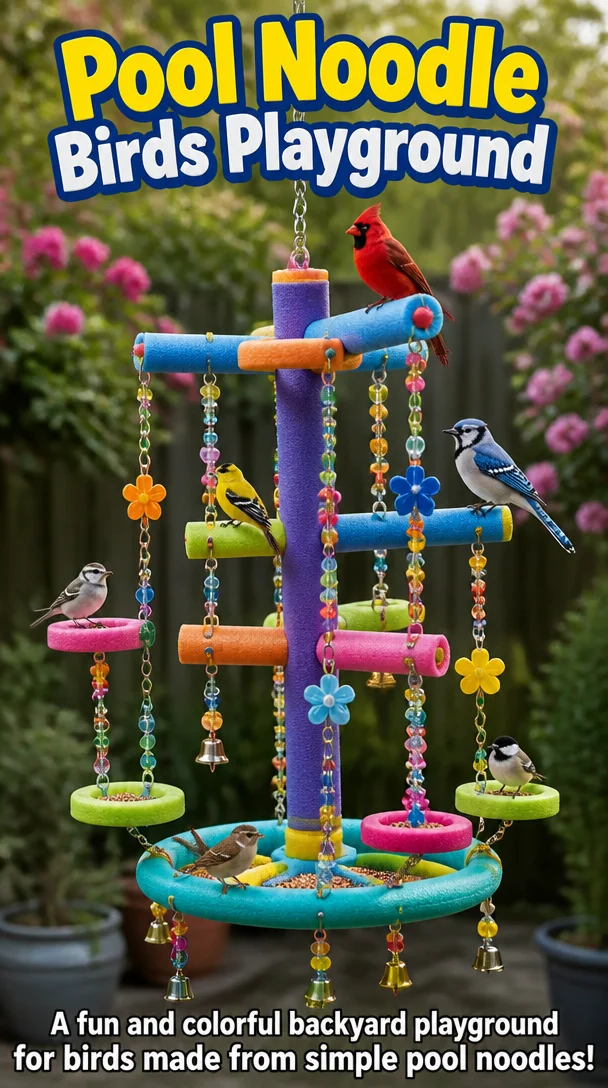 Colorful pool noodle birds displayed in an engaging playground setting.