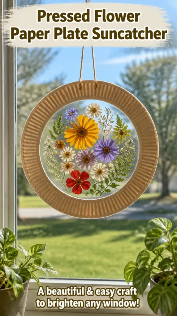 Pressed flower suncatcher made from paper plate and vibrant flower petals.