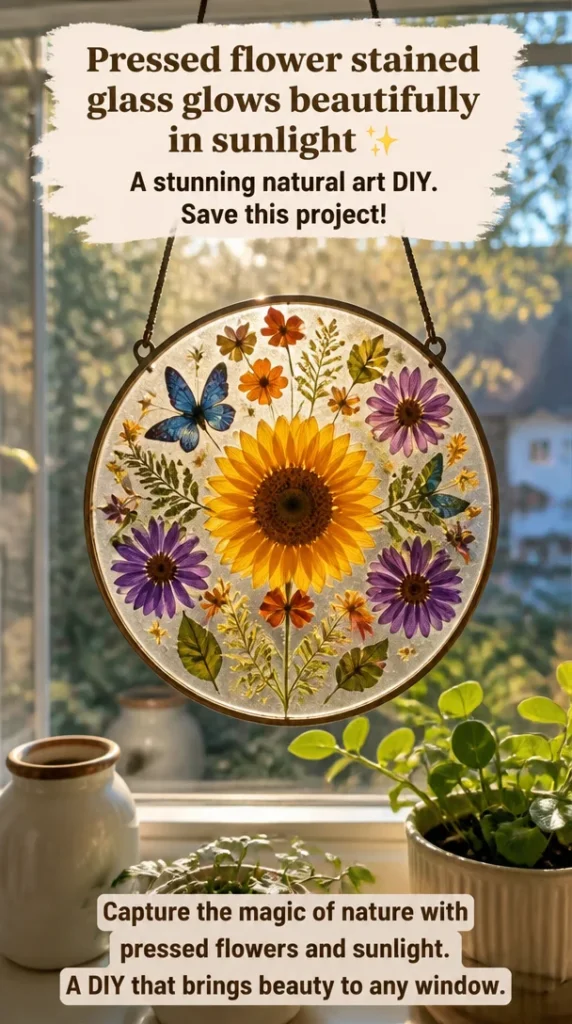 Pressed flower stained glass art radiating sunlight with vibrant floral designs.