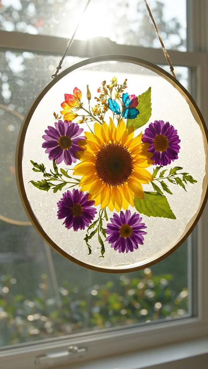 Pressed flower stained glass glows beautifully in sunlight ✨ A stunning natural art DIY. Save this project!