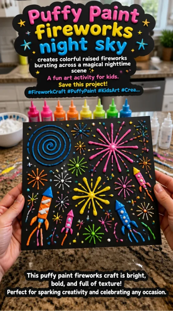 Colorful puffy paint fireworks bursting in a magical night sky art project for kids.