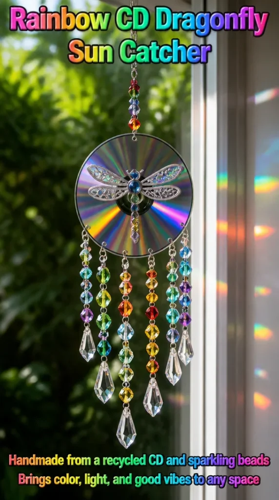 Rainbow CD Dragonfly Sun Catcher reflecting colorful light in a sunny window