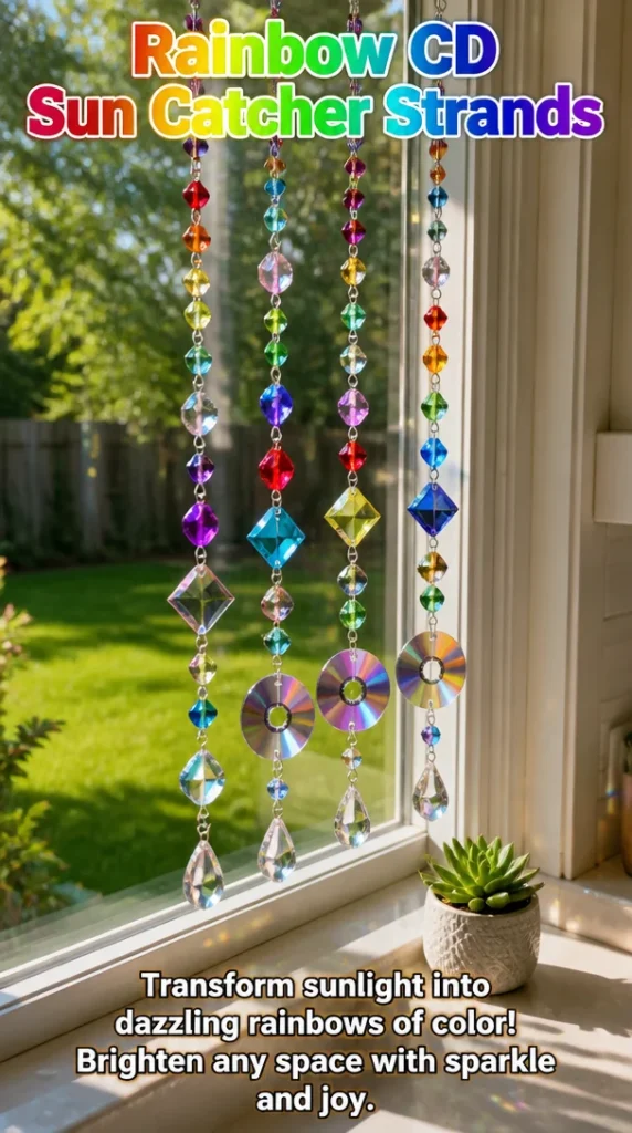 Colorful Rainbow CD Sun Catcher strands creating vibrant reflections.