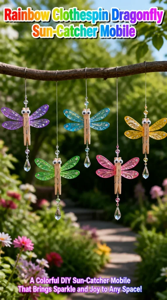 Rainbow clothespin dragonfly sun-catcher mobile for vibrant decorations