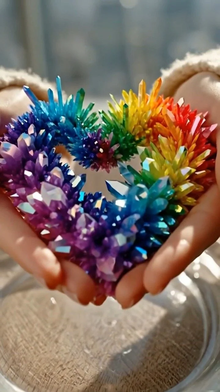 Rainbow crystal hearts shine with vibrant colors as crystals form and expand ✨ A stunning mix of science and creativity kids love observing. Save this magical DIY! #RainbowCrystals #CrystalHeart #Kid...