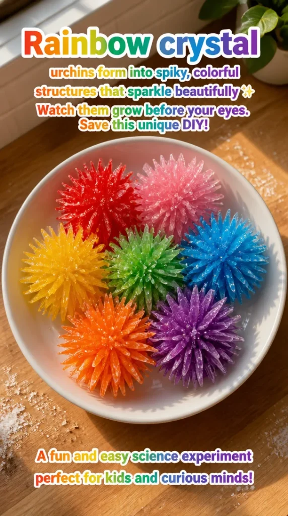 Colorful rainbow crystal urchins growing in a DIY project for kids.