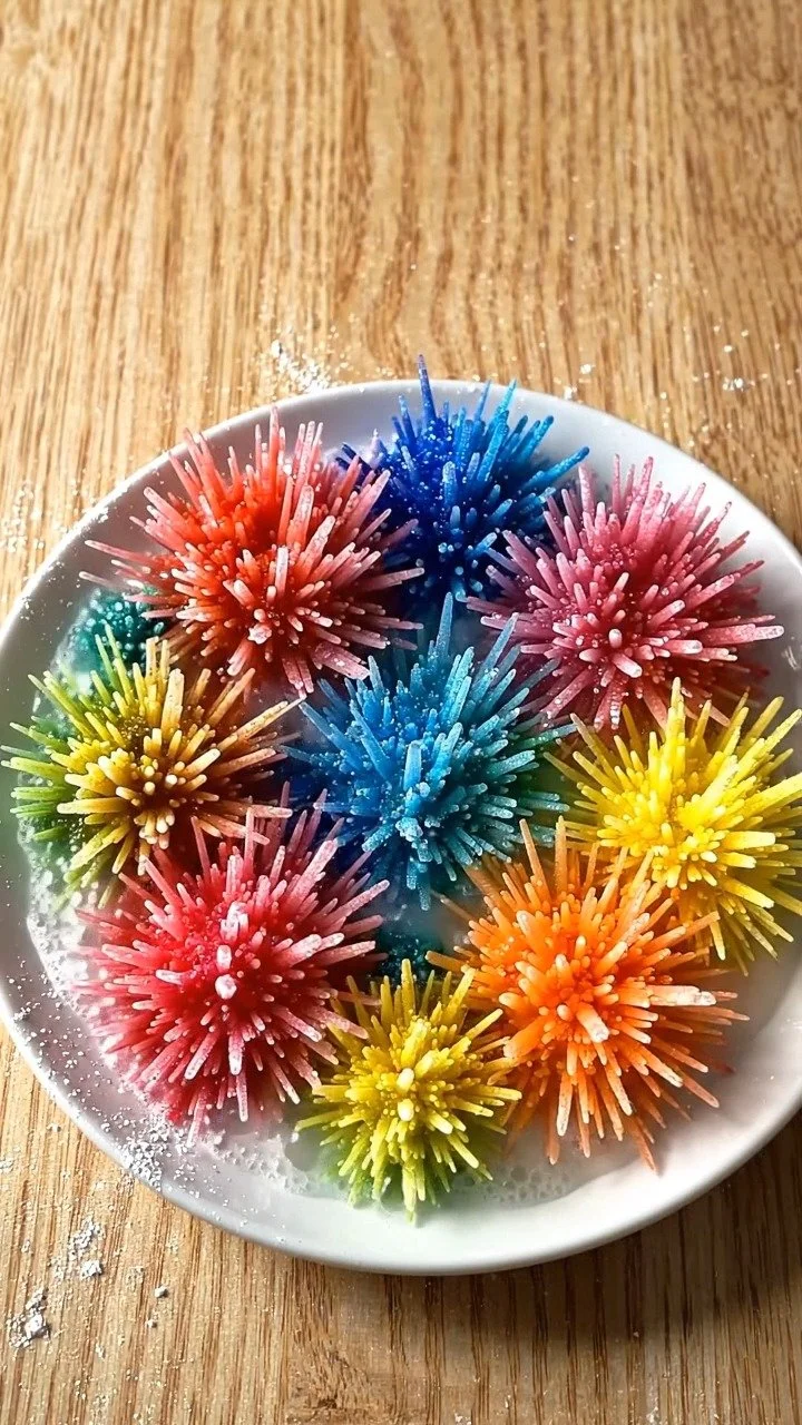 Rainbow crystal urchins form into spiky, colorful structures that sparkle beautifully ✨ Watch them grow before your eyes. Save this unique DIY! #CrystalGrowing #RainbowCraft #KidsScience #STEMFun #DI