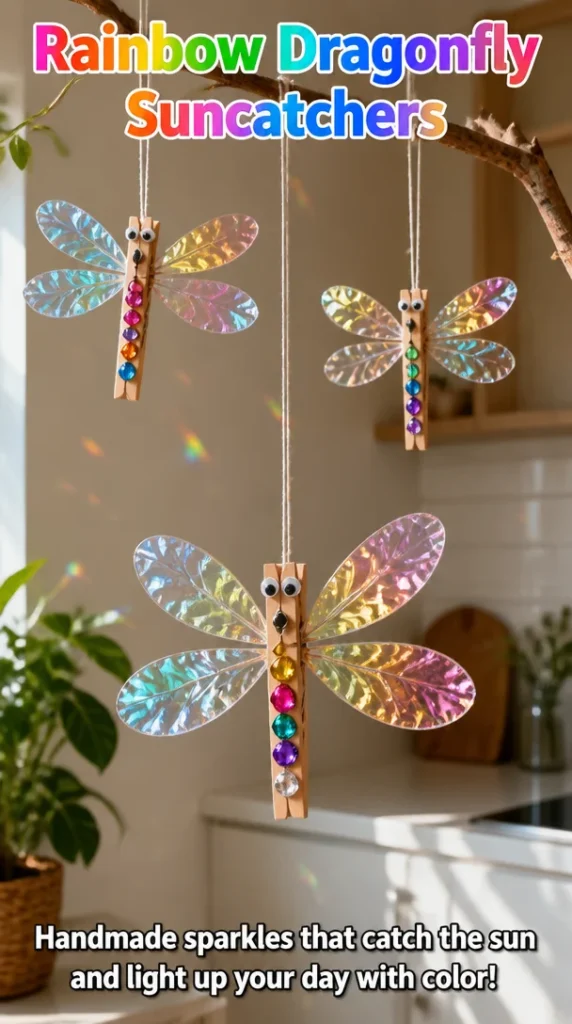 Colorful Rainbow Dragonfly suncatchers hanging in sunlight, casting vibrant shadows.