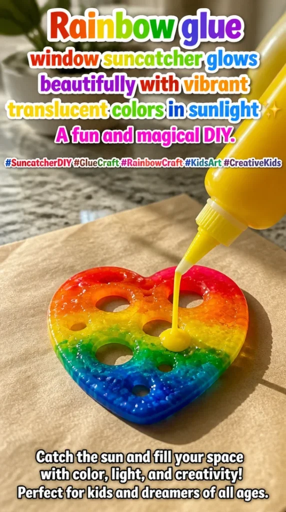 Vibrant rainbow glue suncatcher shining in sunlight, a fun DIY project for kids.