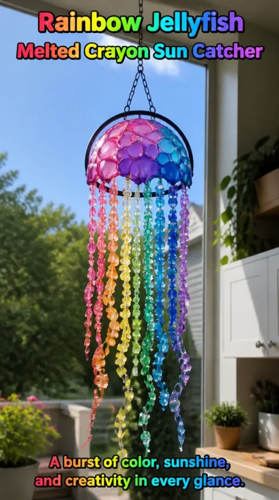 DIY rainbow jellyfish sun catcher made from melted crayons