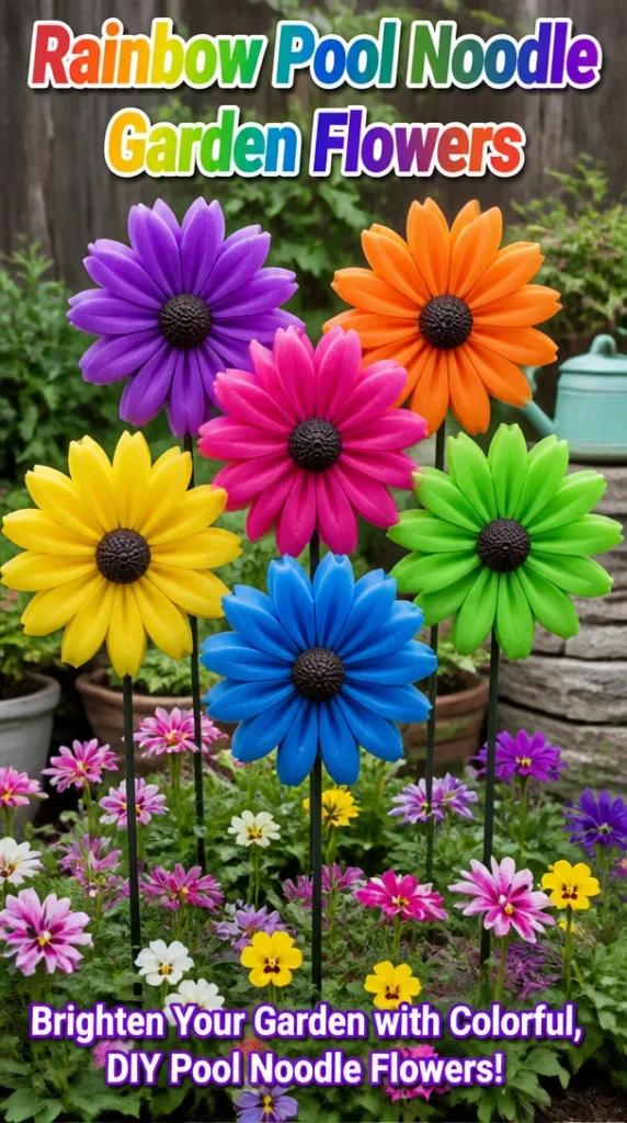 Colorful rainbow pool noodle flowers in a whimsical garden decoration