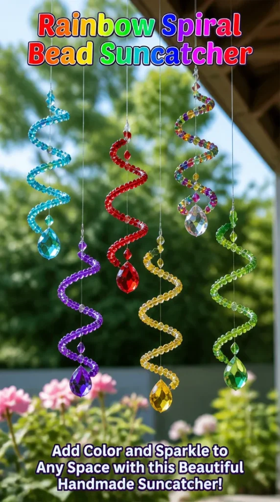 Colorful rainbow spiral bead suncatcher reflecting light in a sunny window