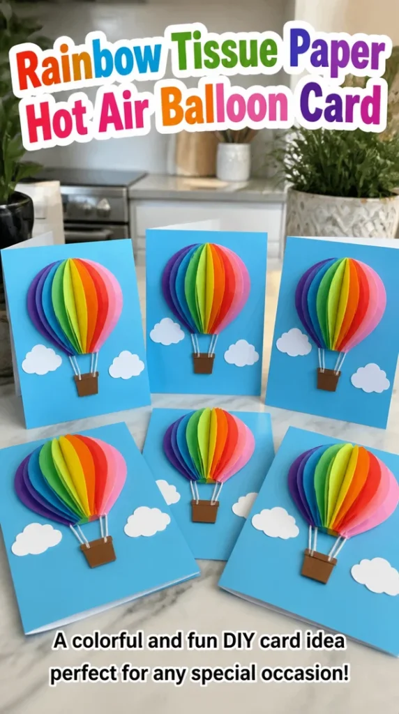 Rainbow tissue paper hot air balloon card, perfect for celebrations and greetings.