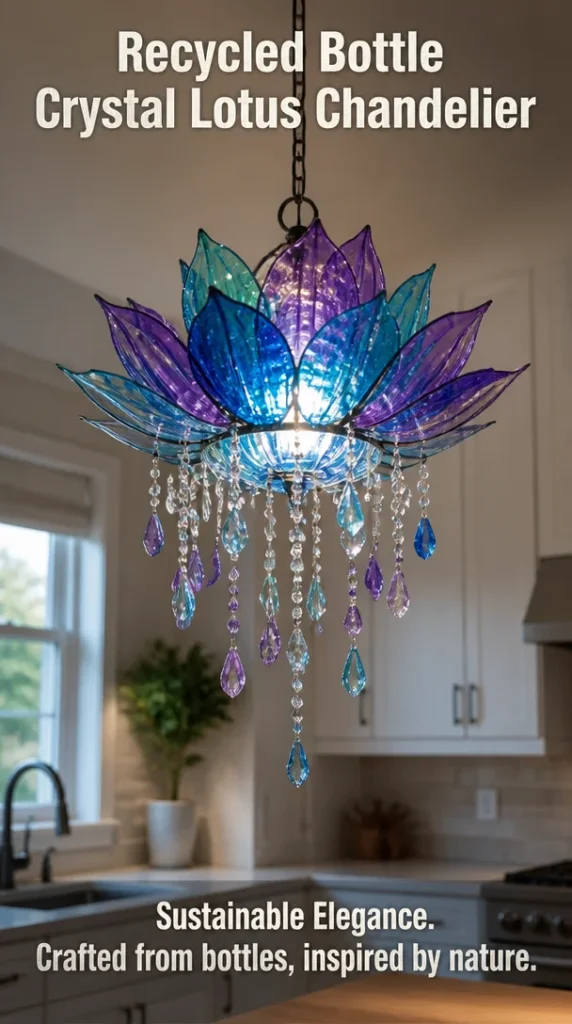 Recycled bottle chandelier in a crystal lotus design, eco-friendly lighting fixture.