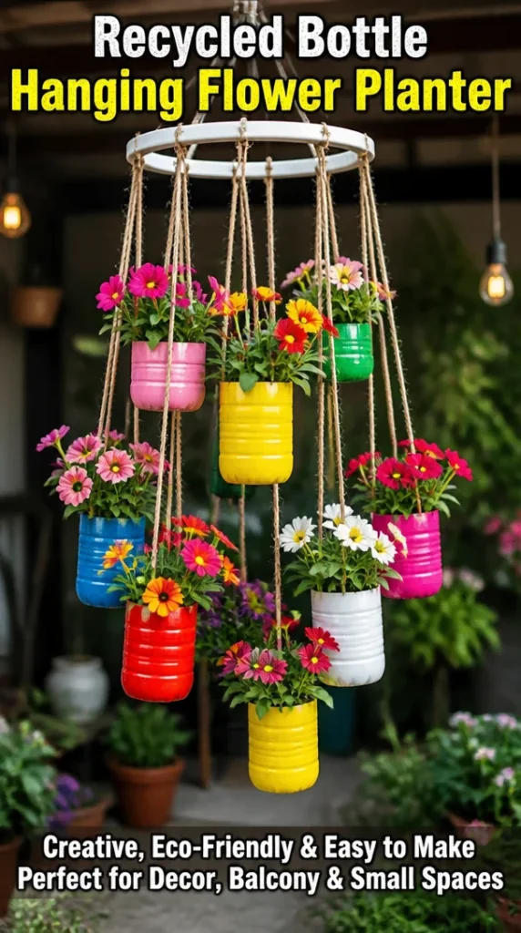 Hanging flower planter made from recycled plastic bottles